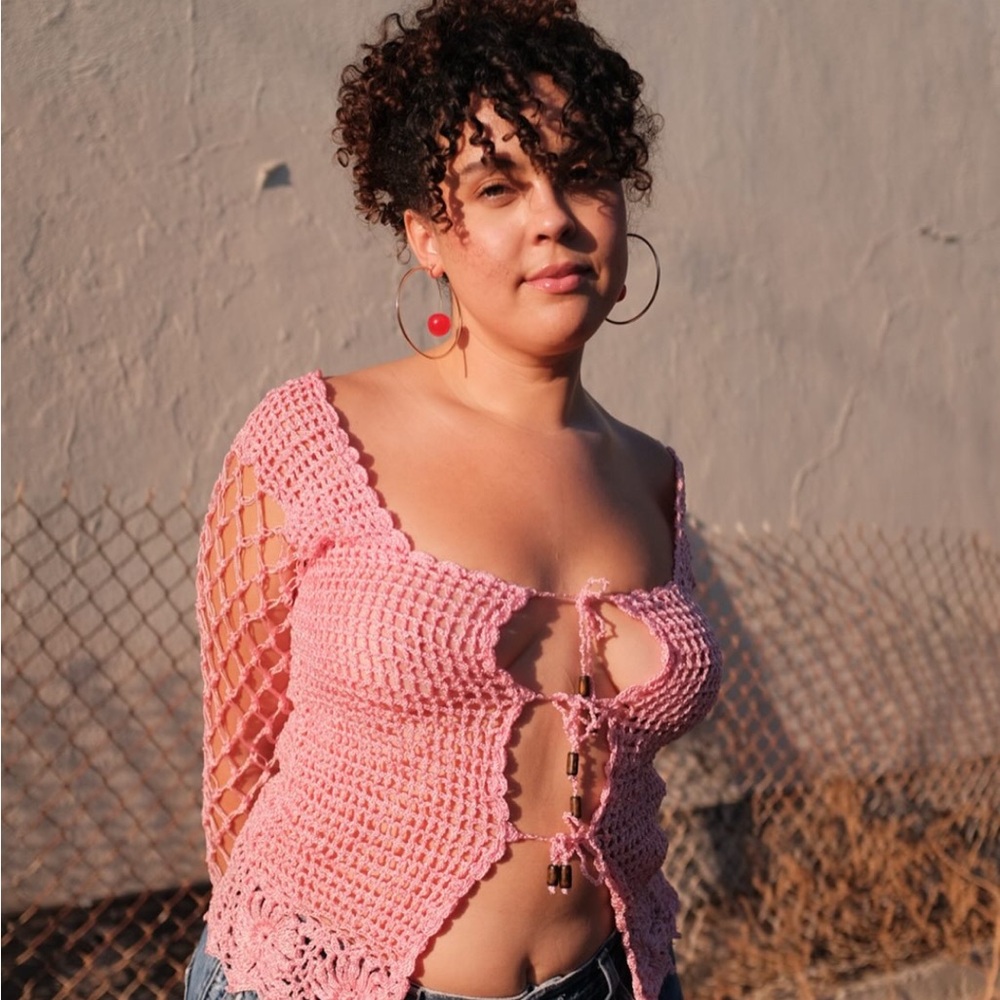 Pink Crochet Tie-Front Top